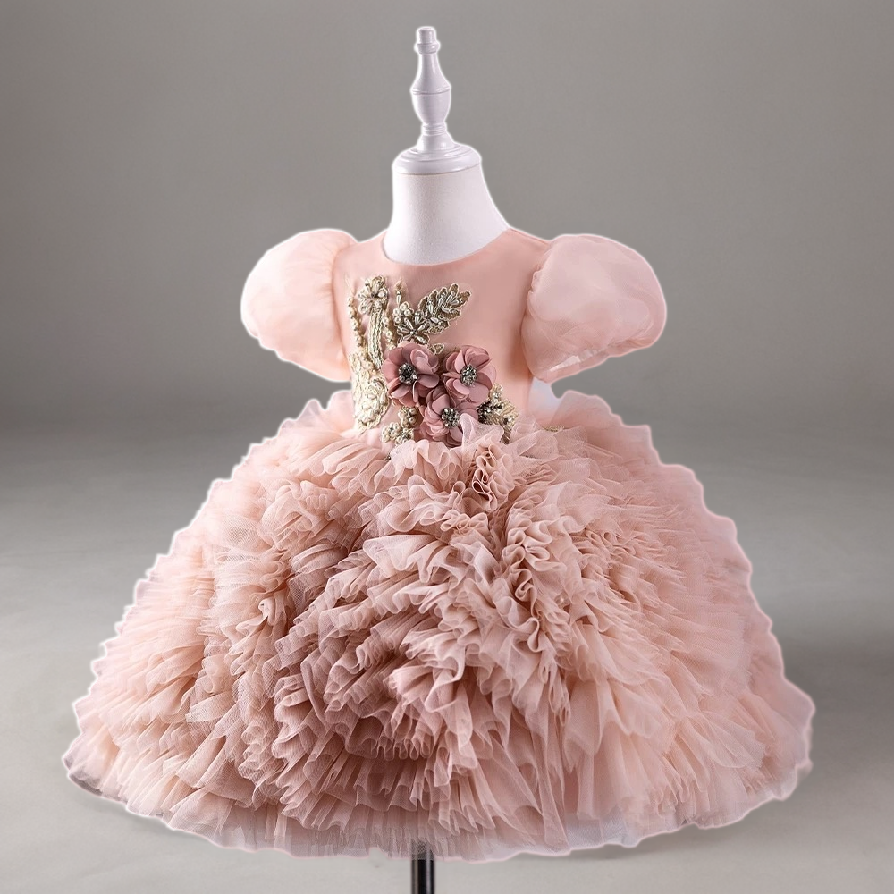 Blush Pink Ruffled Tulle Toddler Flower Girl Dress with Puff Sleeves – Baby Flower Girl Dress Plus Size