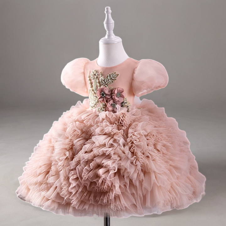 Blush Pink Ruffled Tulle Toddler Flower Girl Dress with Puff Sleeves – Baby Flower Girl Dress Plus Size