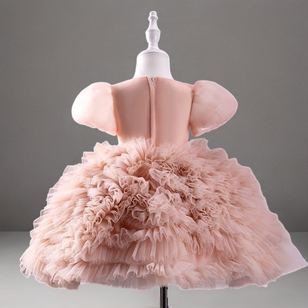 Blush Pink Ruffled Tulle Toddler Flower Girl Dress with Puff Sleeves – Baby Flower Girl Dress Plus Size