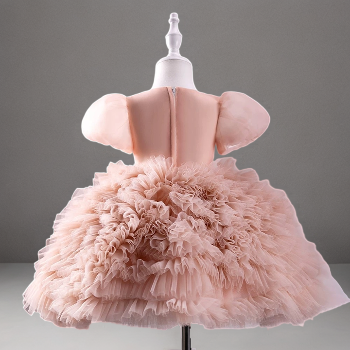 Blush Pink Ruffled Tulle Toddler Flower Girl Dress with Puff Sleeves – Baby Flower Girl Dress Plus Size