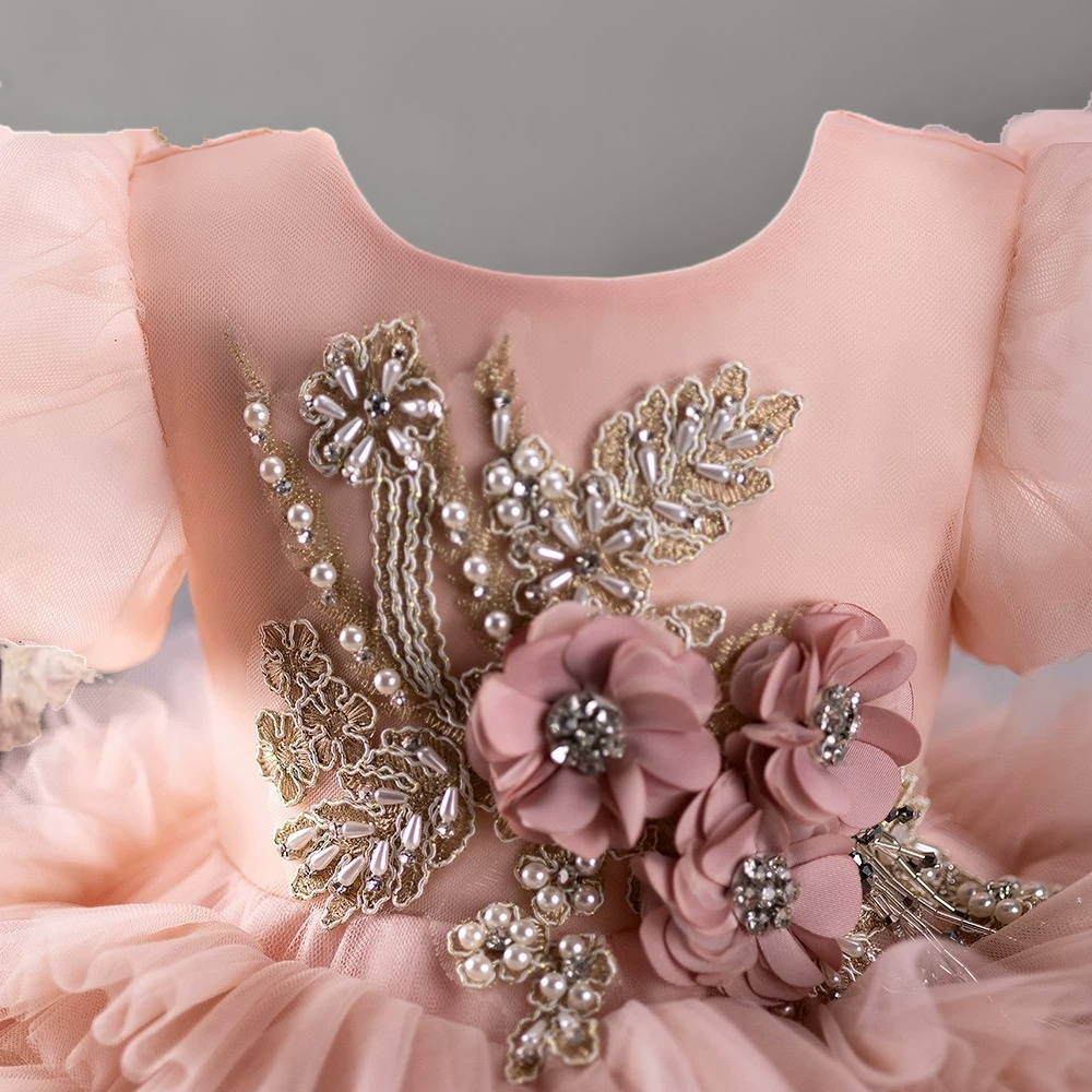 Blush Pink Ruffled Tulle Toddler Flower Girl Dress with Puff Sleeves – Baby Flower Girl Dress Plus Size