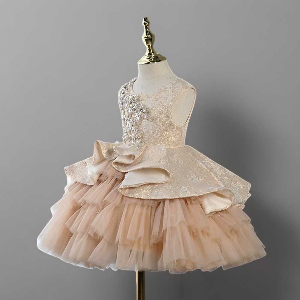 Champagne Layered Tulle Toddler Flower Girl Dress with Beaded Bodice – Special Occasion Girl Dress Plus Size