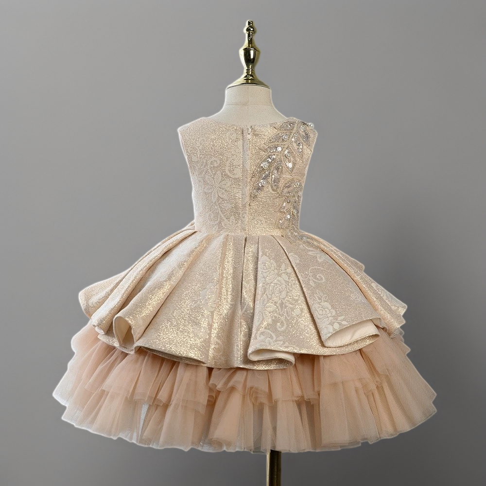 Champagne Layered Tulle Toddler Flower Girl Dress with Beaded Bodice – Special Occasion Girl Dress Plus Size