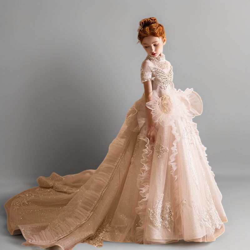 Champagne Ruffled Lace Flower Girl Dress with Train – Elegant Long Sleeve Flower Girl Dress Plus Size