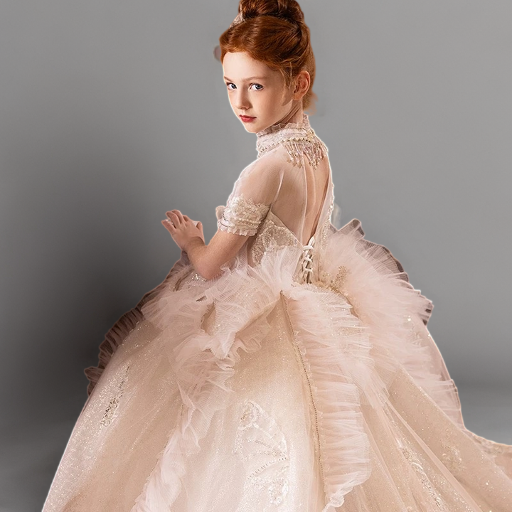 Champagne Ruffled Lace Flower Girl Dress with Train – Elegant Long Sleeve Flower Girl Dress Plus Size
