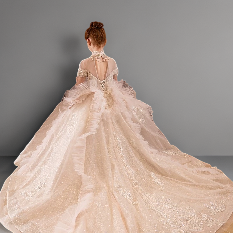 Champagne Ruffled Lace Flower Girl Dress with Train – Elegant Long Sleeve Flower Girl Dress Plus Size