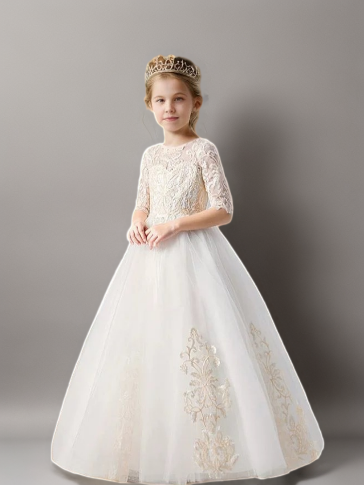 White Lace Flower Girl Dress with Half Sleeves and Embroidery – Elegant Tulle Princess Dress Plus Size