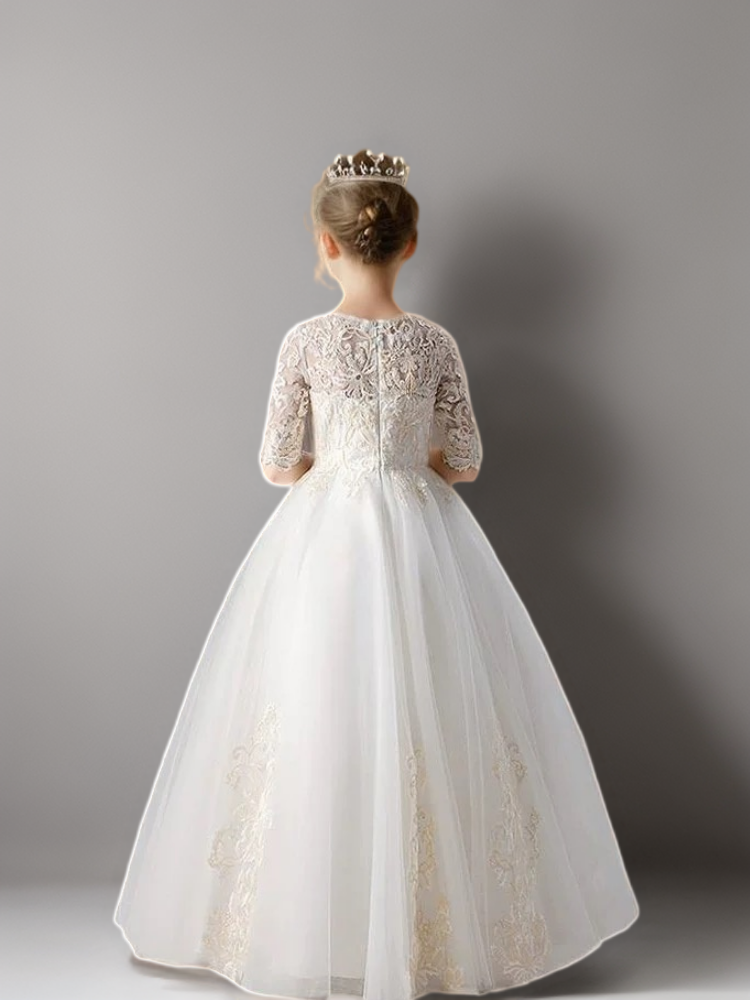 White Lace Flower Girl Dress with Half Sleeves and Embroidery – Elegant Tulle Princess Dress Plus Size