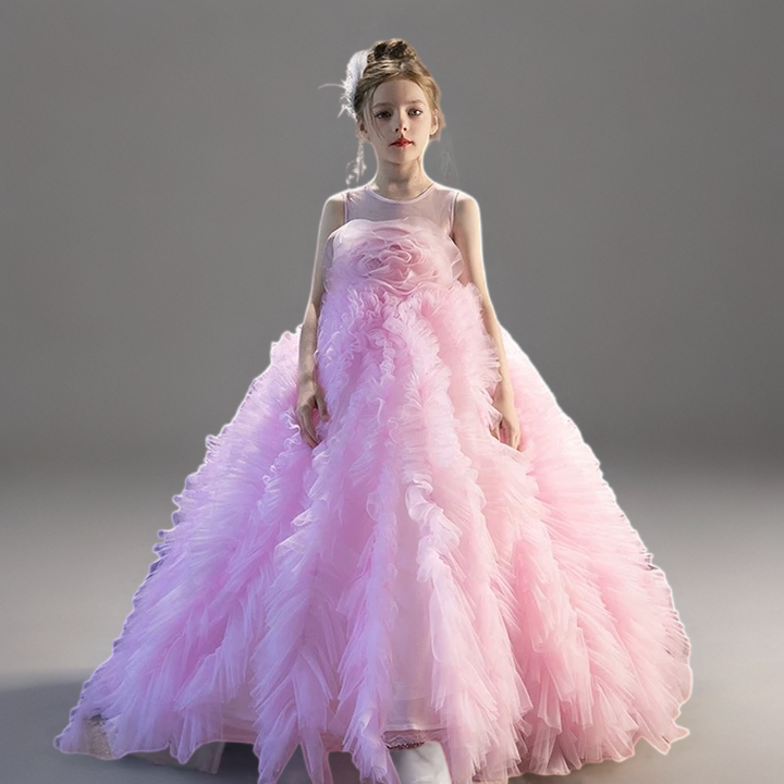 Pink Ruffled Tulle Flower Girl Dress with Sleeveless Bodice – Special Occasion Flower Girl Dress with Train Plus Size