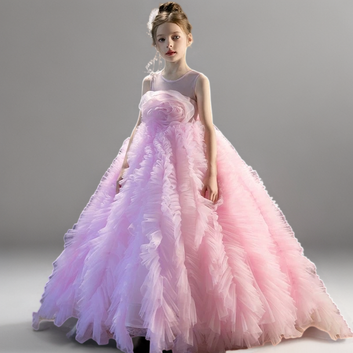 Pink Ruffled Tulle Flower Girl Dress with Sleeveless Bodice – Special Occasion Flower Girl Dress with Train Plus Size