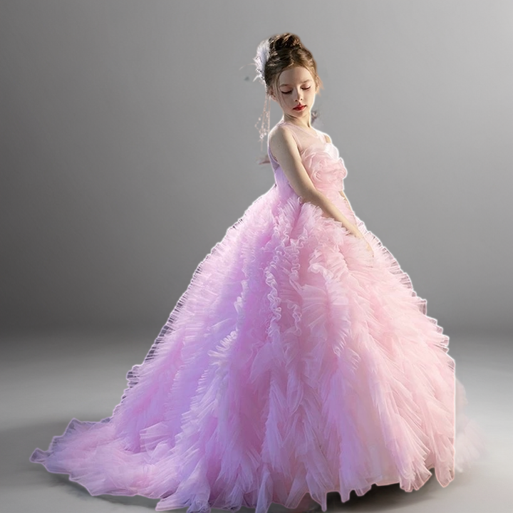 Pink Ruffled Tulle Flower Girl Dress with Sleeveless Bodice – Special Occasion Flower Girl Dress with Train Plus Size