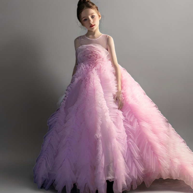Pink Ruffled Tulle Flower Girl Dress with Sleeveless Bodice – Special Occasion Flower Girl Dress with Train Plus Size
