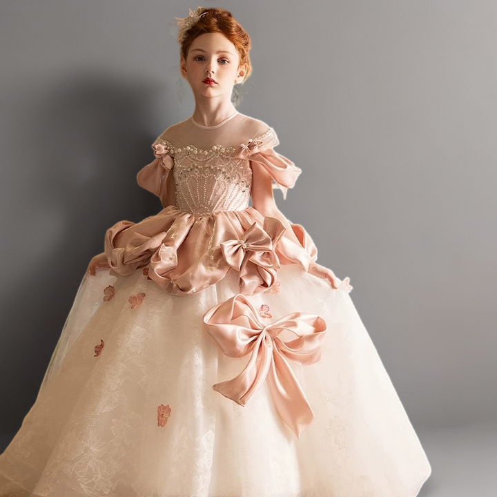 Light Pink Satin and Lace Flower Girl Dress with Handmade Bows – Blush Flower Girl Dress with Corset Plus Size