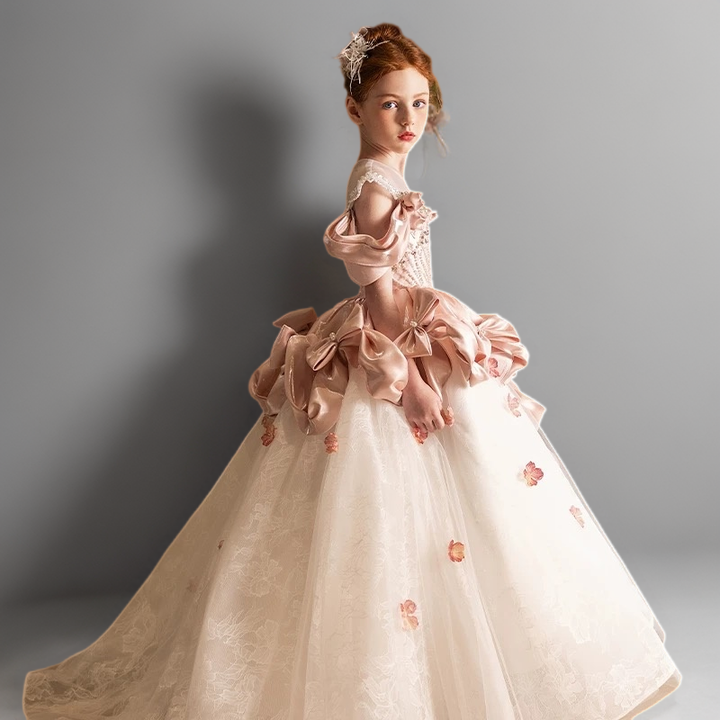 Light Pink Satin and Lace Flower Girl Dress with Handmade Bows – Blush Flower Girl Dress with Corset Plus Size