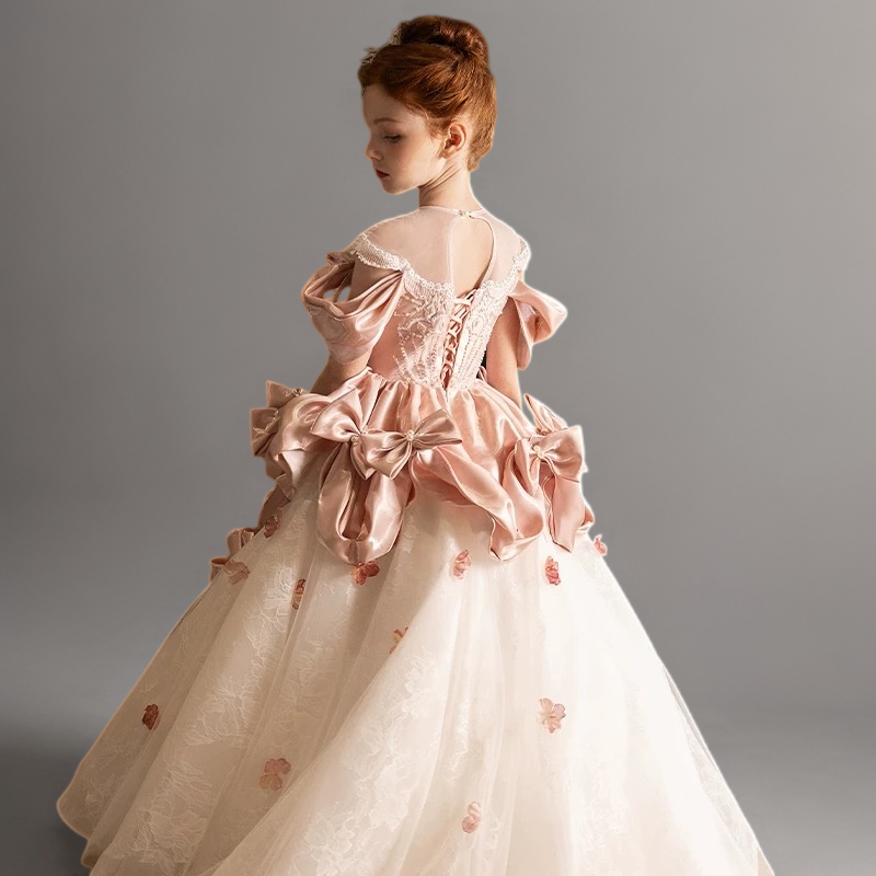 Light Pink Satin and Lace Flower Girl Dress with Handmade Bows – Blush Flower Girl Dress with Corset Plus Size