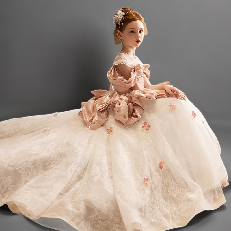 Light Pink Satin and Lace Flower Girl Dress with Handmade Bows – Blush Flower Girl Dress with Corset Plus Size