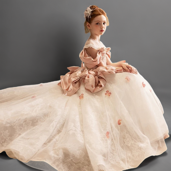 Light Pink Satin and Lace Flower Girl Dress with Handmade Bows – Blush Flower Girl Dress with Corset Plus Size