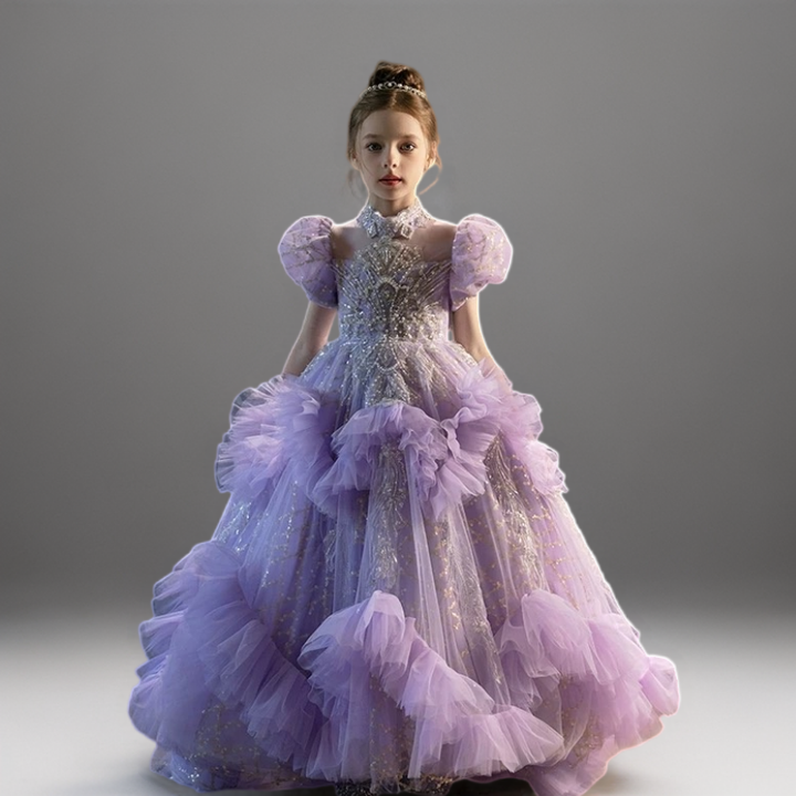 Lavender Purple Ruffled Tulle Flower Girl Dress with Puff Sleeves – Special Occasion Flower Girl Dress with Train Plus Size