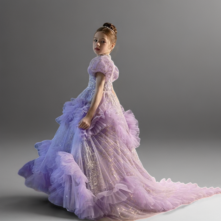 Lavender Purple Ruffled Tulle Flower Girl Dress with Puff Sleeves – Special Occasion Flower Girl Dress with Train Plus Size