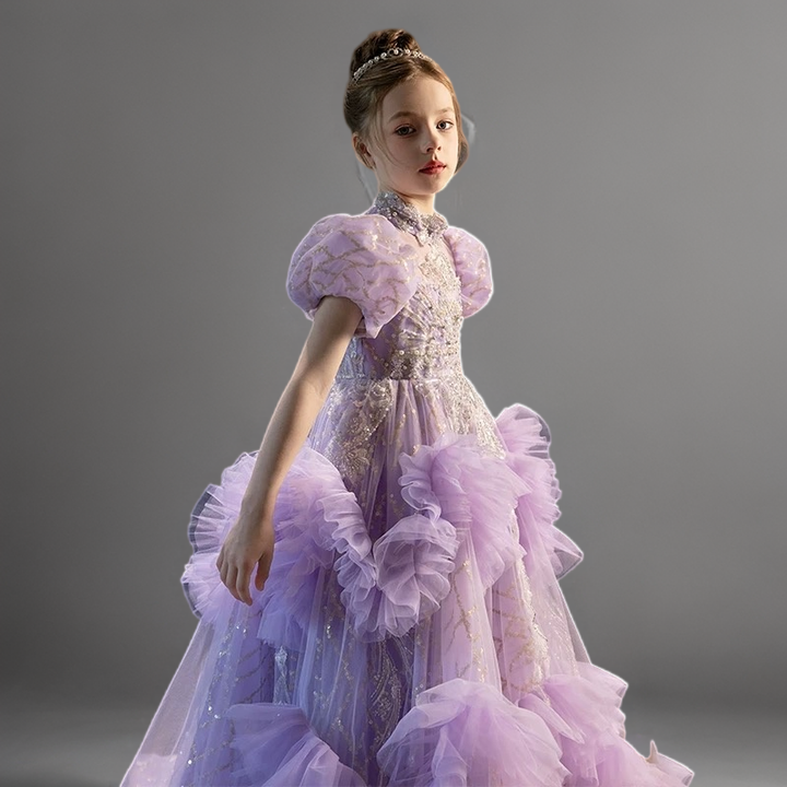 Lavender Purple Ruffled Tulle Flower Girl Dress with Puff Sleeves – Special Occasion Flower Girl Dress with Train Plus Size