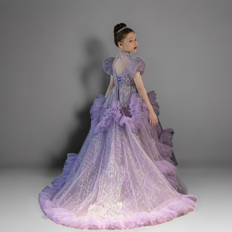 Lavender Purple Ruffled Tulle Flower Girl Dress with Puff Sleeves – Special Occasion Flower Girl Dress with Train Plus Size