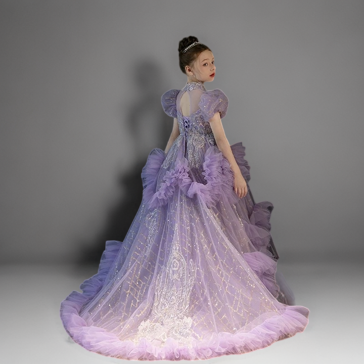 Lavender Purple Ruffled Tulle Flower Girl Dress with Puff Sleeves – Special Occasion Flower Girl Dress with Train Plus Size