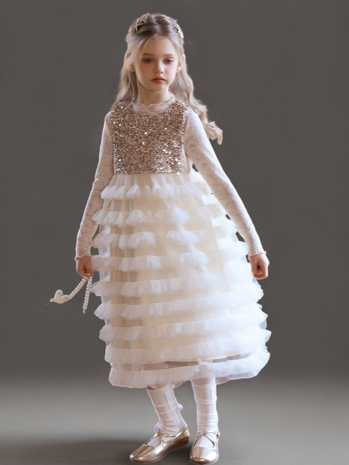Champagne Sequin Bodice Flower Girl Dress with Layered Tulle Skirt – Special Occasion Flower Girl Dress Plus Size