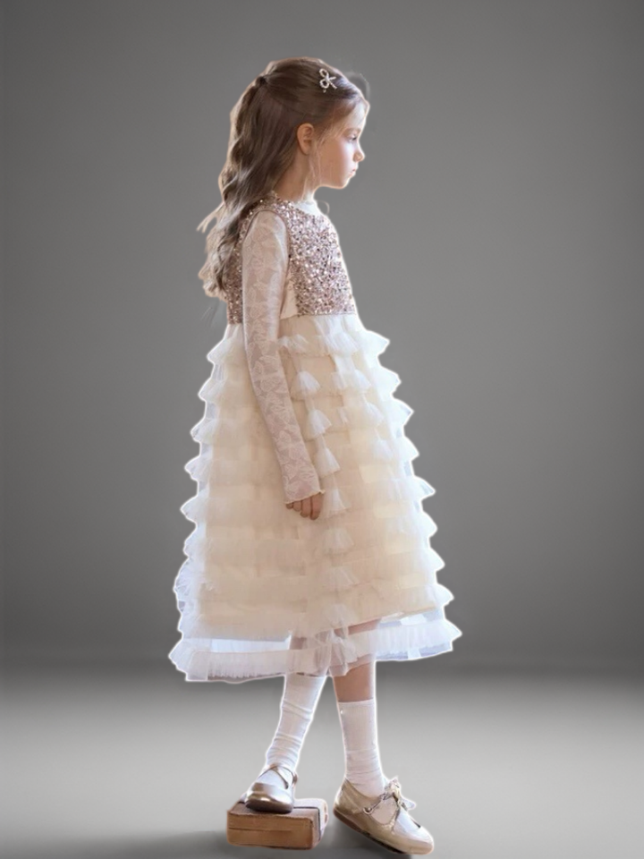 Champagne Sequin Bodice Flower Girl Dress with Layered Tulle Skirt – Special Occasion Flower Girl Dress Plus Size