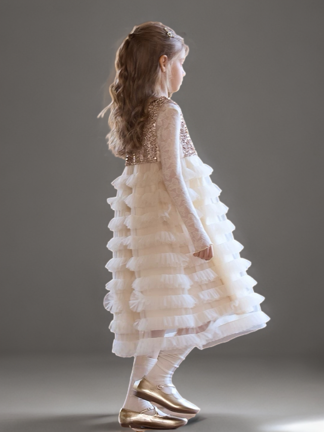 Champagne Sequin Bodice Flower Girl Dress with Layered Tulle Skirt – Special Occasion Flower Girl Dress Plus Size