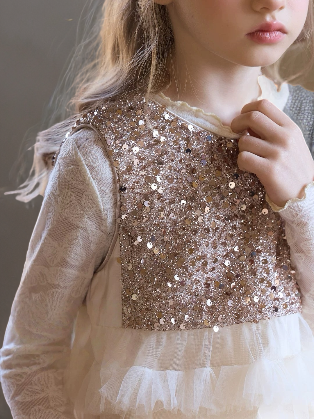 Champagne Sequin Bodice Flower Girl Dress with Layered Tulle Skirt – Special Occasion Flower Girl Dress Plus Size