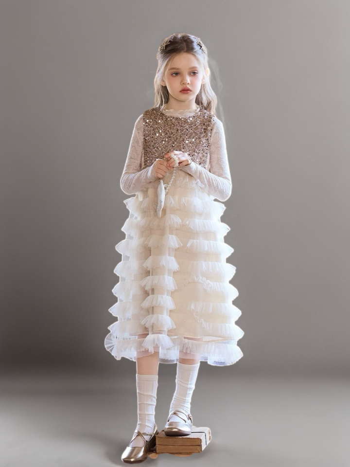 Champagne Sequin Bodice Flower Girl Dress with Layered Tulle Skirt – Special Occasion Flower Girl Dress Plus Size