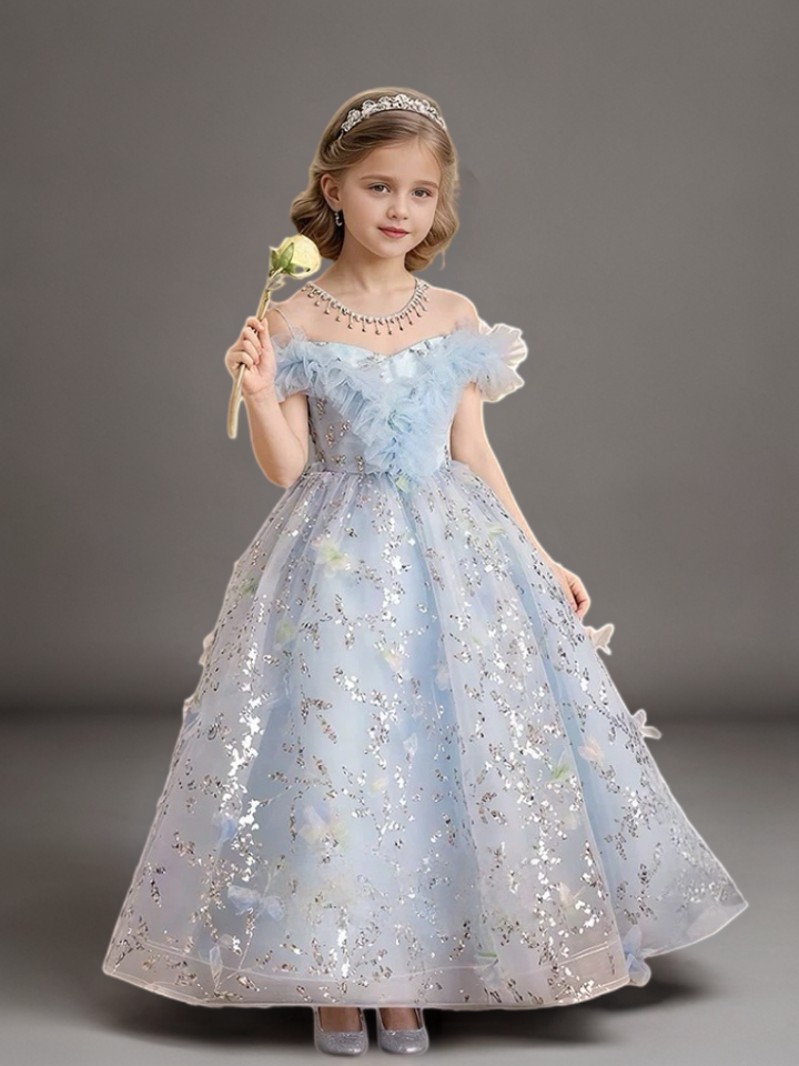Blue Off Shoulder Glitter Flower Girl Dress with Ruffled Bodice – Special Occasion Flower Girl Dress Plus Size