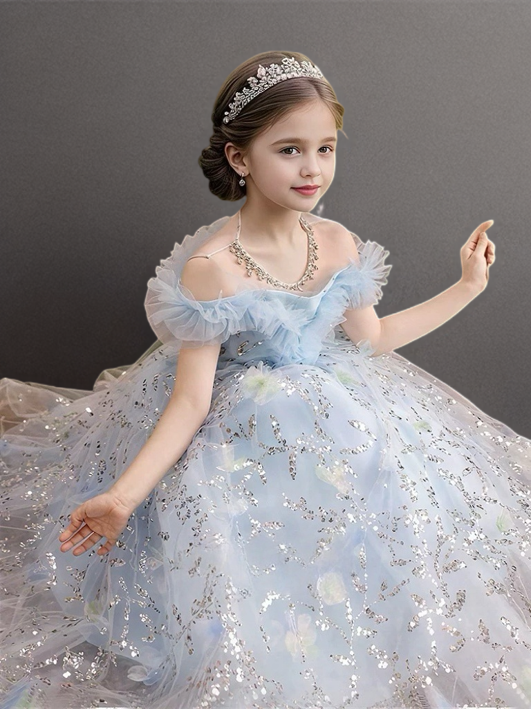Blue Off Shoulder Glitter Flower Girl Dress with Ruffled Bodice – Special Occasion Flower Girl Dress Plus Size