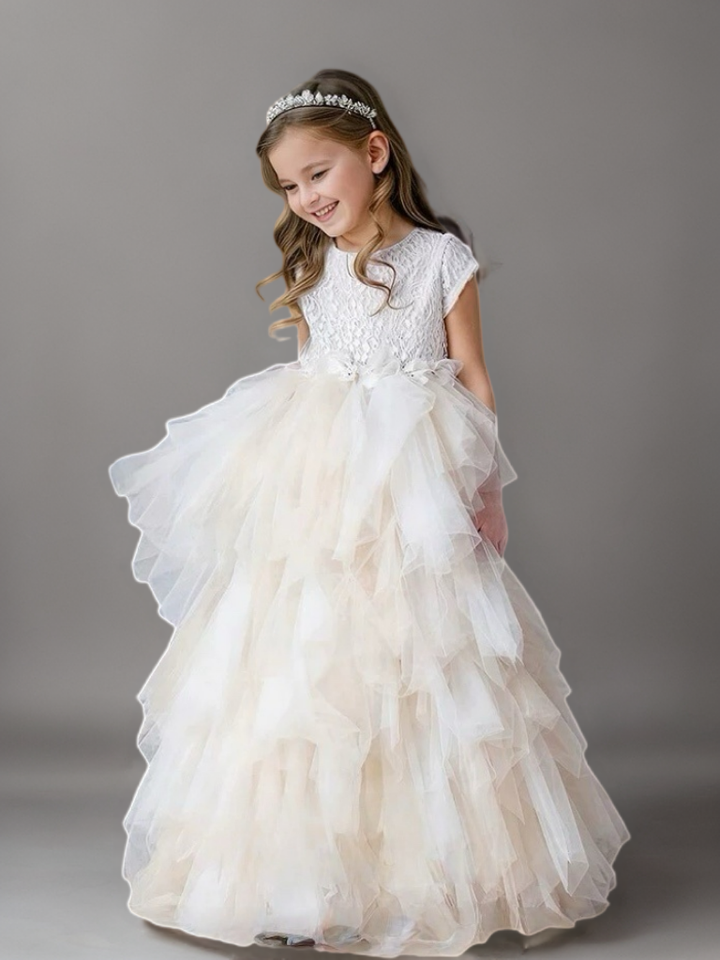 Champagne Layered Tulle Flower Girl Dress with Textured Bodice – Special Occasion Flower Girl Dress Plus Size