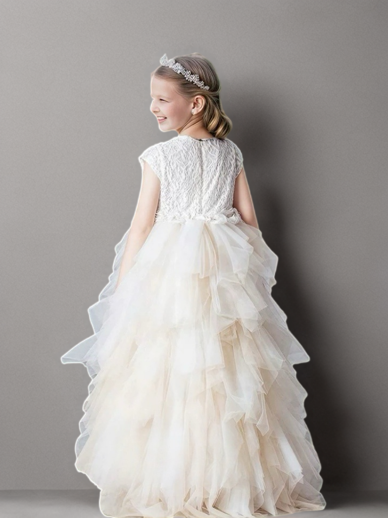 Champagne Layered Tulle Flower Girl Dress with Textured Bodice – Special Occasion Flower Girl Dress Plus Size