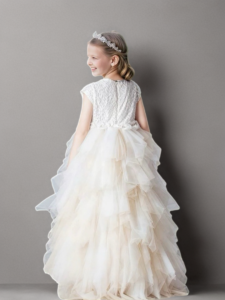 Champagne Layered Tulle Flower Girl Dress with Textured Bodice – Special Occasion Flower Girl Dress Plus Size