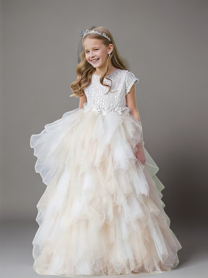 Champagne Layered Tulle Flower Girl Dress with Textured Bodice – Special Occasion Flower Girl Dress Plus Size