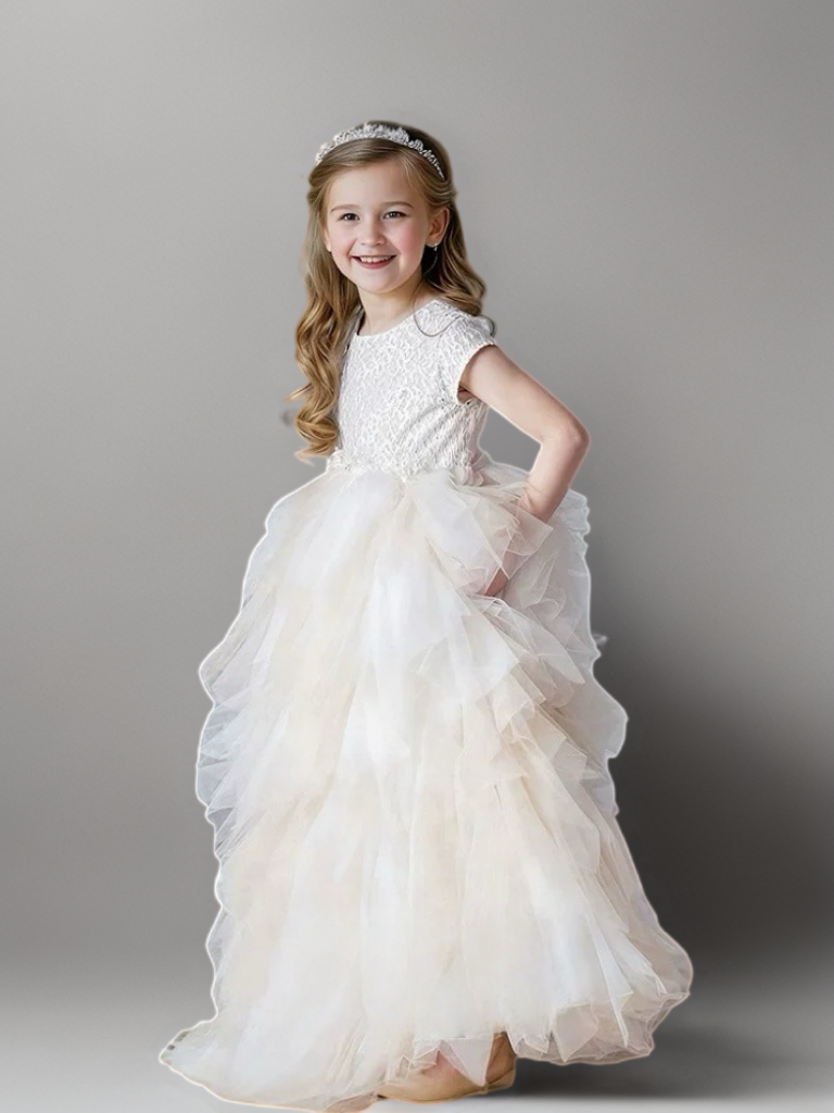 Champagne Layered Tulle Flower Girl Dress with Textured Bodice – Special Occasion Flower Girl Dress Plus Size