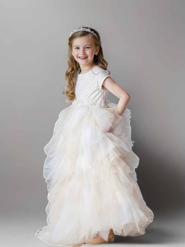 Champagne Layered Tulle Flower Girl Dress with Textured Bodice – Special Occasion Flower Girl Dress Plus Size