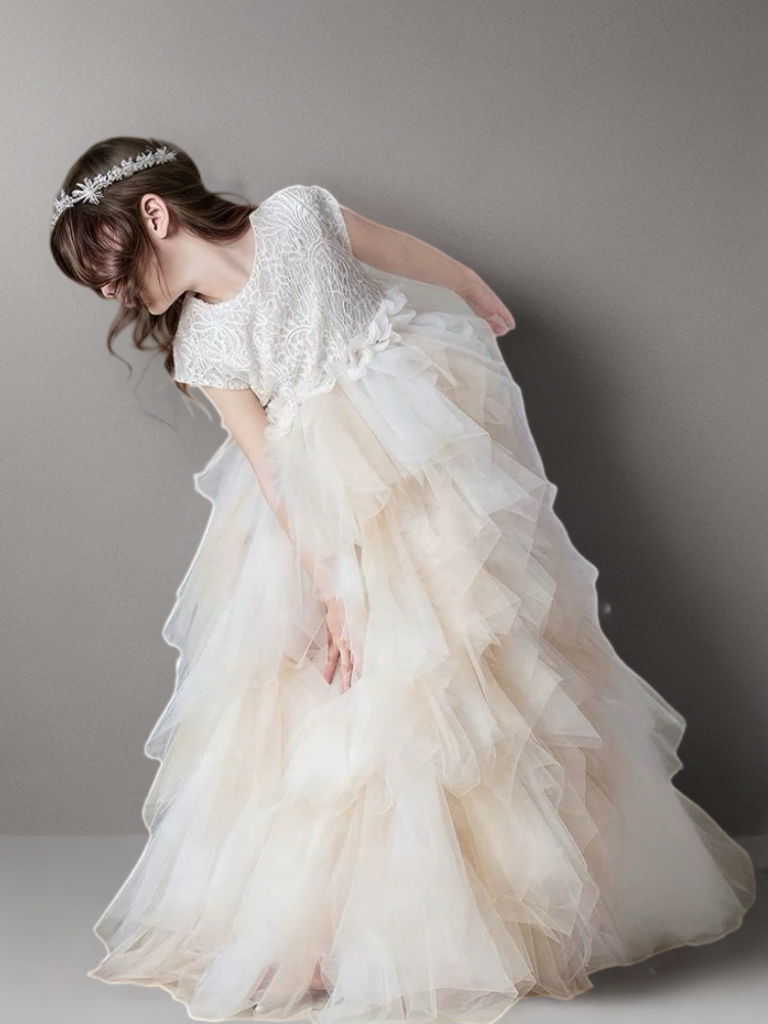 Champagne Layered Tulle Flower Girl Dress with Textured Bodice – Special Occasion Flower Girl Dress Plus Size