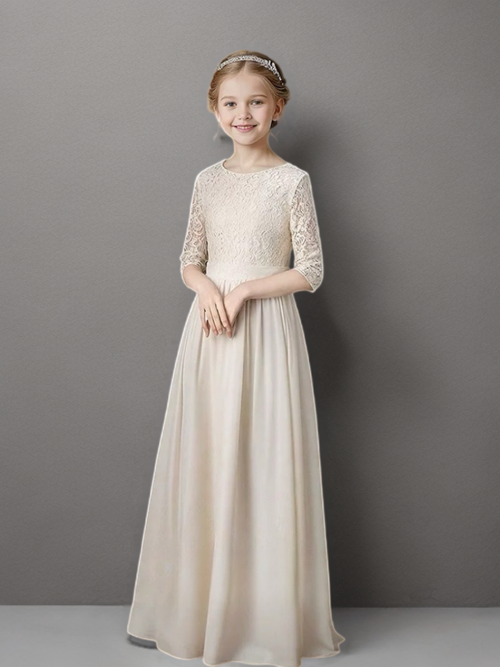 Champagne Lace Bodice Flower Girl Dress with Half Sleeves – Elegant Long Chiffon Flower Girl Dress Plus Size