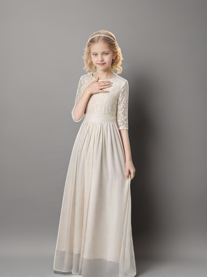 Champagne Lace Bodice Flower Girl Dress with Half Sleeves – Elegant Long Chiffon Flower Girl Dress Plus Size