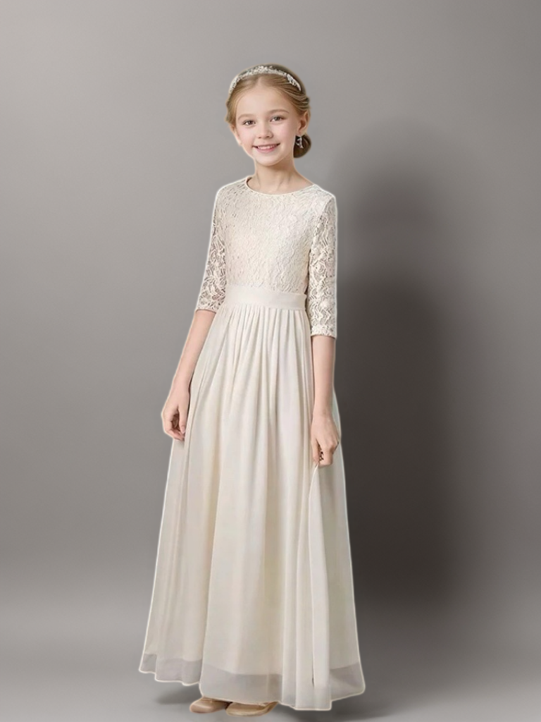 Champagne Lace Bodice Flower Girl Dress with Half Sleeves – Elegant Long Chiffon Flower Girl Dress Plus Size