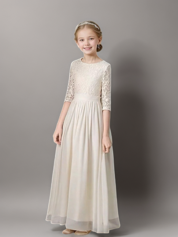 Champagne Lace Bodice Flower Girl Dress with Half Sleeves – Elegant Long Chiffon Flower Girl Dress Plus Size