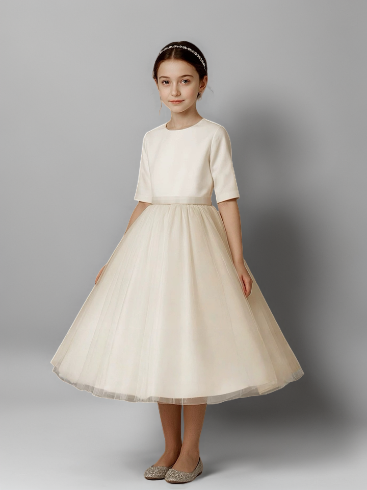 Champagne Satin and Tulle Flower Girl Dress with Half Sleeves – Elegant Tea Length Flower Girl Dress Plus Size