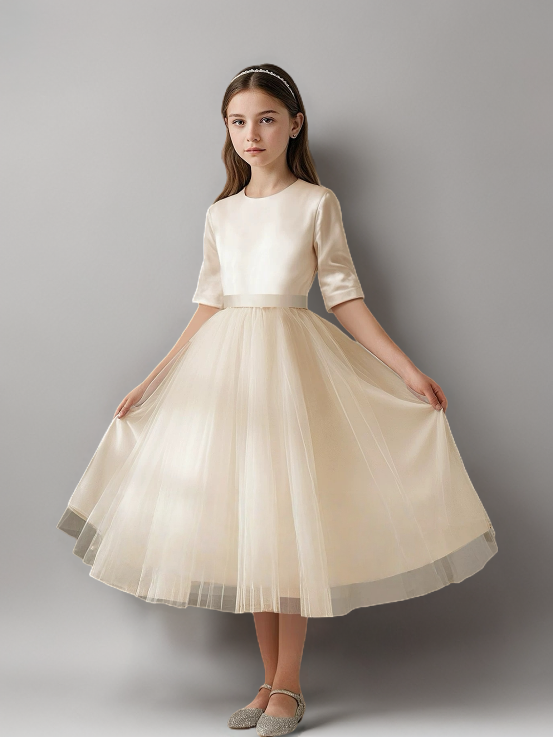 Champagne Satin and Tulle Flower Girl Dress with Half Sleeves – Elegant Tea Length Flower Girl Dress Plus Size