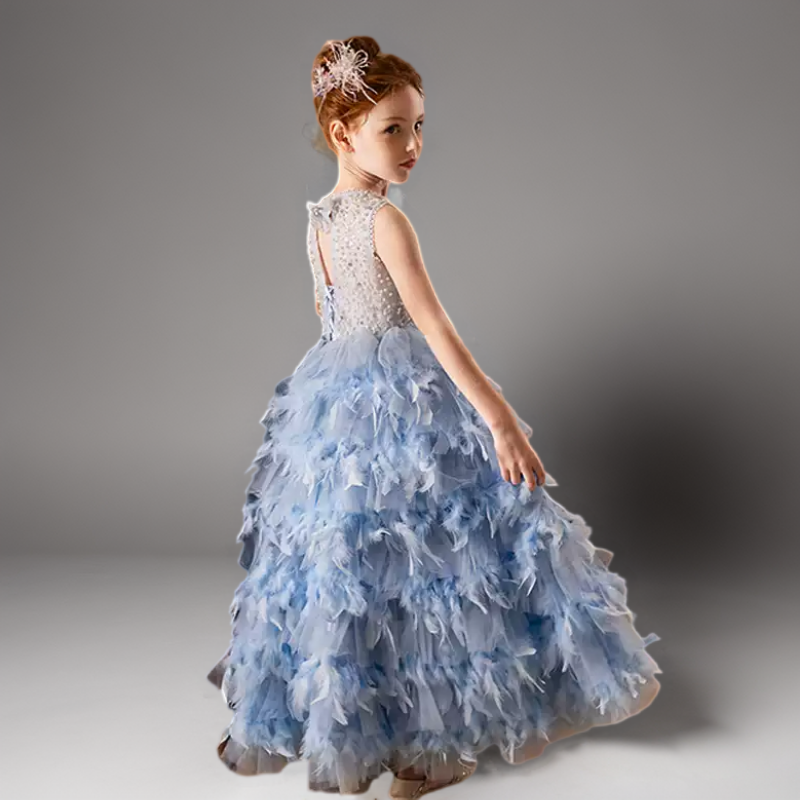 Blue Feather Tulle Flower Girl Dress with Pearl Bodice – Special Occasion Flower Girl Dress Plus Size