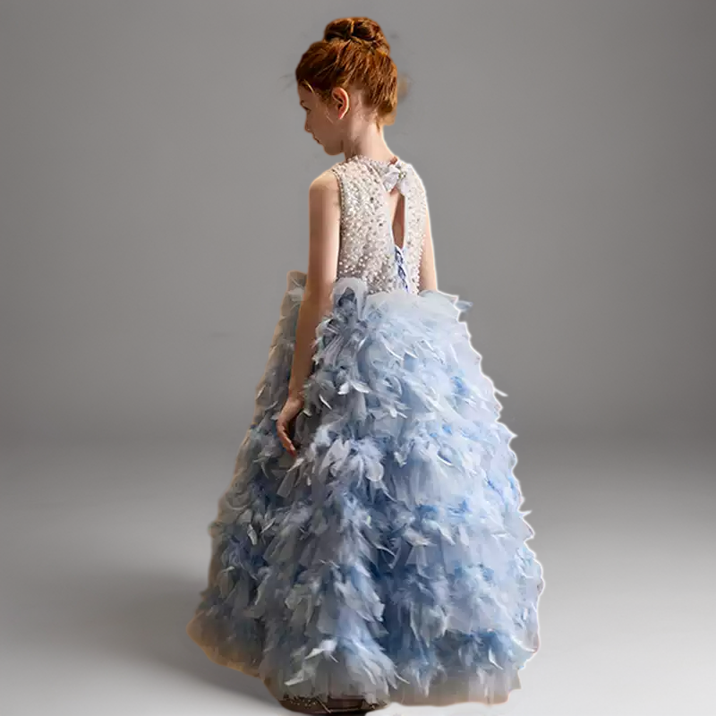 Blue Feather Tulle Flower Girl Dress with Pearl Bodice – Special Occasion Flower Girl Dress Plus Size