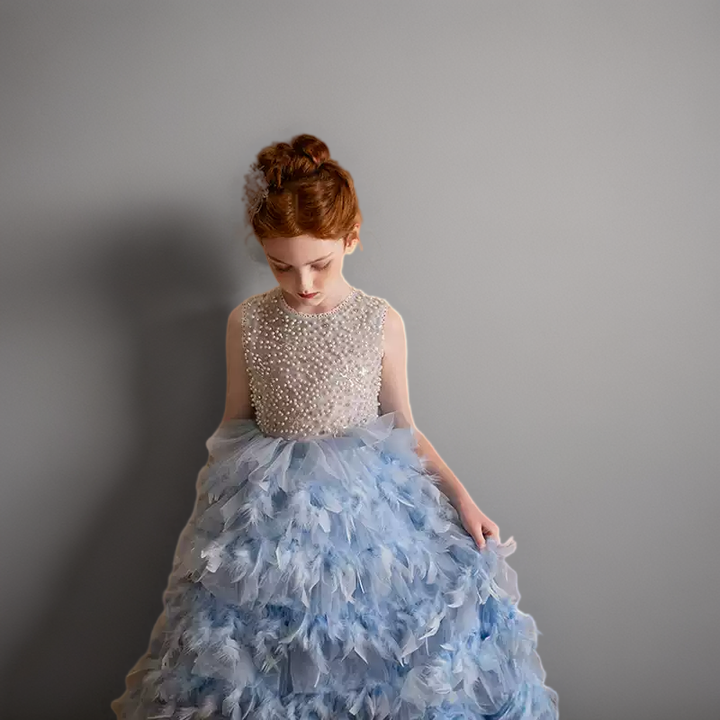 Blue Feather Tulle Flower Girl Dress with Pearl Bodice – Special Occasion Flower Girl Dress Plus Size