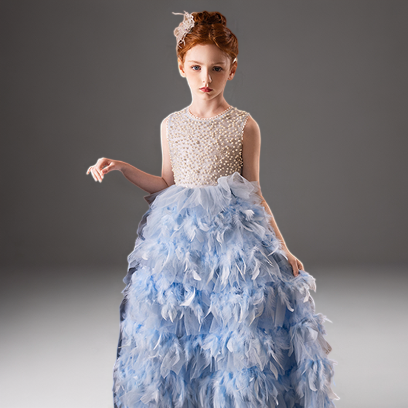 Blue Feather Tulle Flower Girl Dress with Pearl Bodice – Special Occasion Flower Girl Dress Plus Size